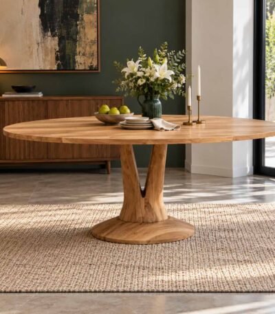 Solstice Grove solid acacia wood oval pedestal dining table with natural finish, 220 cm tabletop, sculptural wooden supports and circular base.