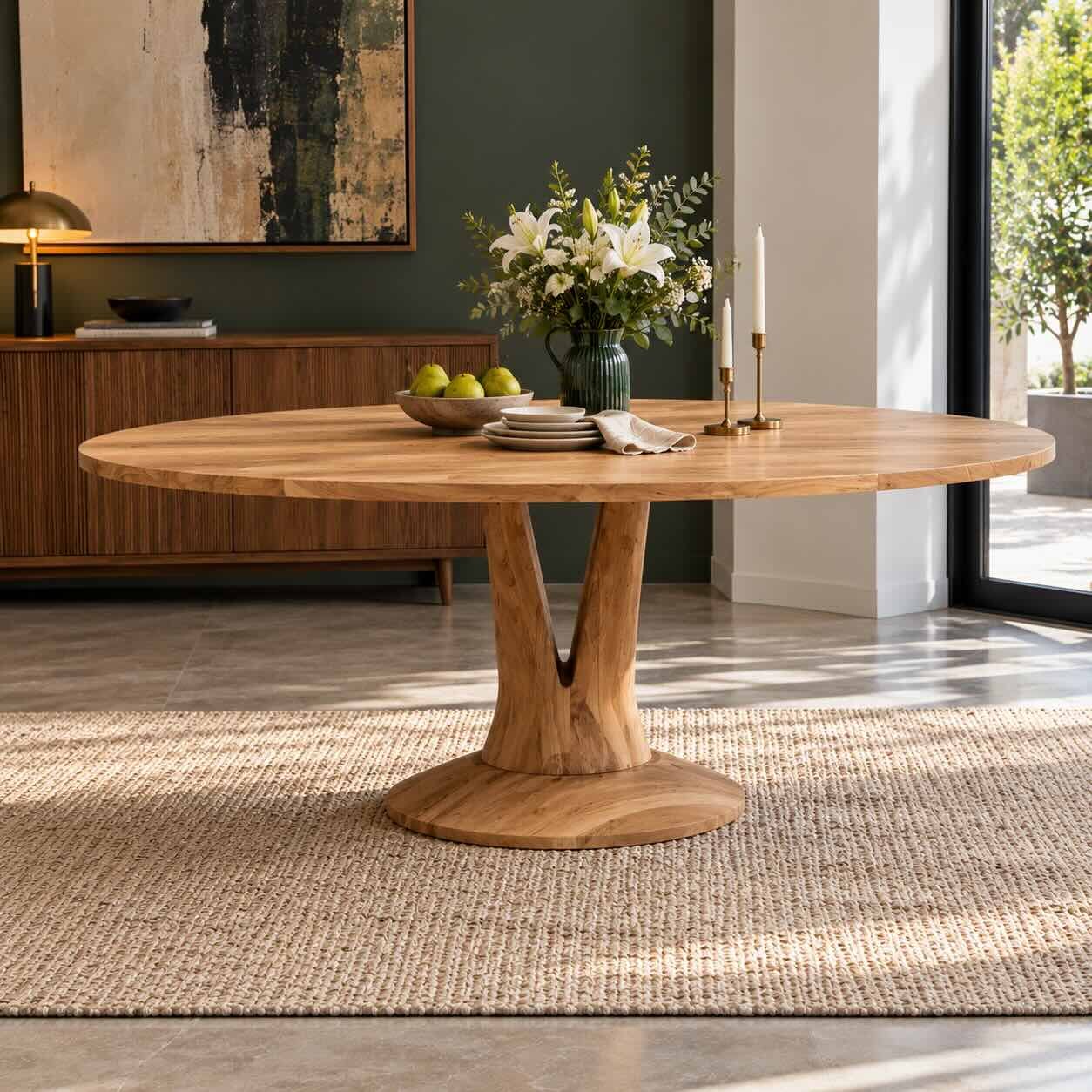 Solstice Grove Solid Acacia Wood Oval Dining Table with Sculptural Pedestal Base Solstice Grove solid acacia wood oval pedestal dining table with natural finish, 220 cm tabletop, sculptural wooden supports and circular base.
