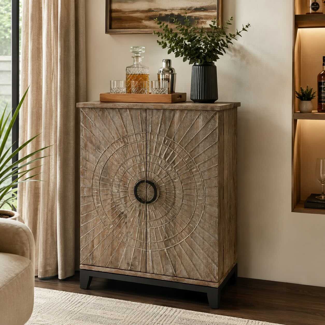 Solvayne Carved Wooden Bar Cabinet with Sunburst Doors Carved wooden bar cabinet with sunburst-pattern doors, circular centre handle, distressed wood finish, and black metal base.