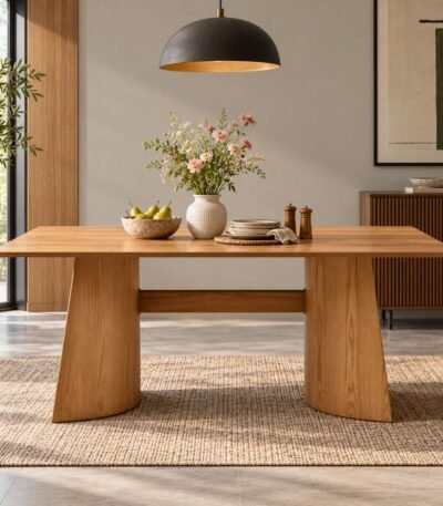 Sorell natural wood curved leg dining table for six people with rectangular tabletop, sculptural wooden panel supports and natural finish.