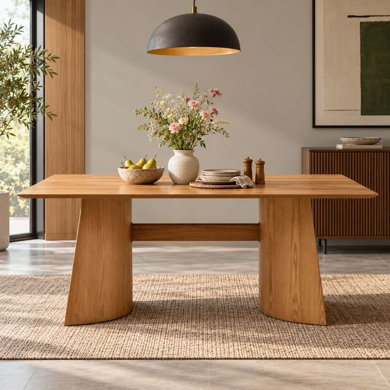 Sorell Solid Wood 6 Seater Dining Table with Sculptural Curved Panel Legs Sorell natural wood curved leg dining table for six people with rectangular tabletop, sculptural wooden panel supports and natural finish.