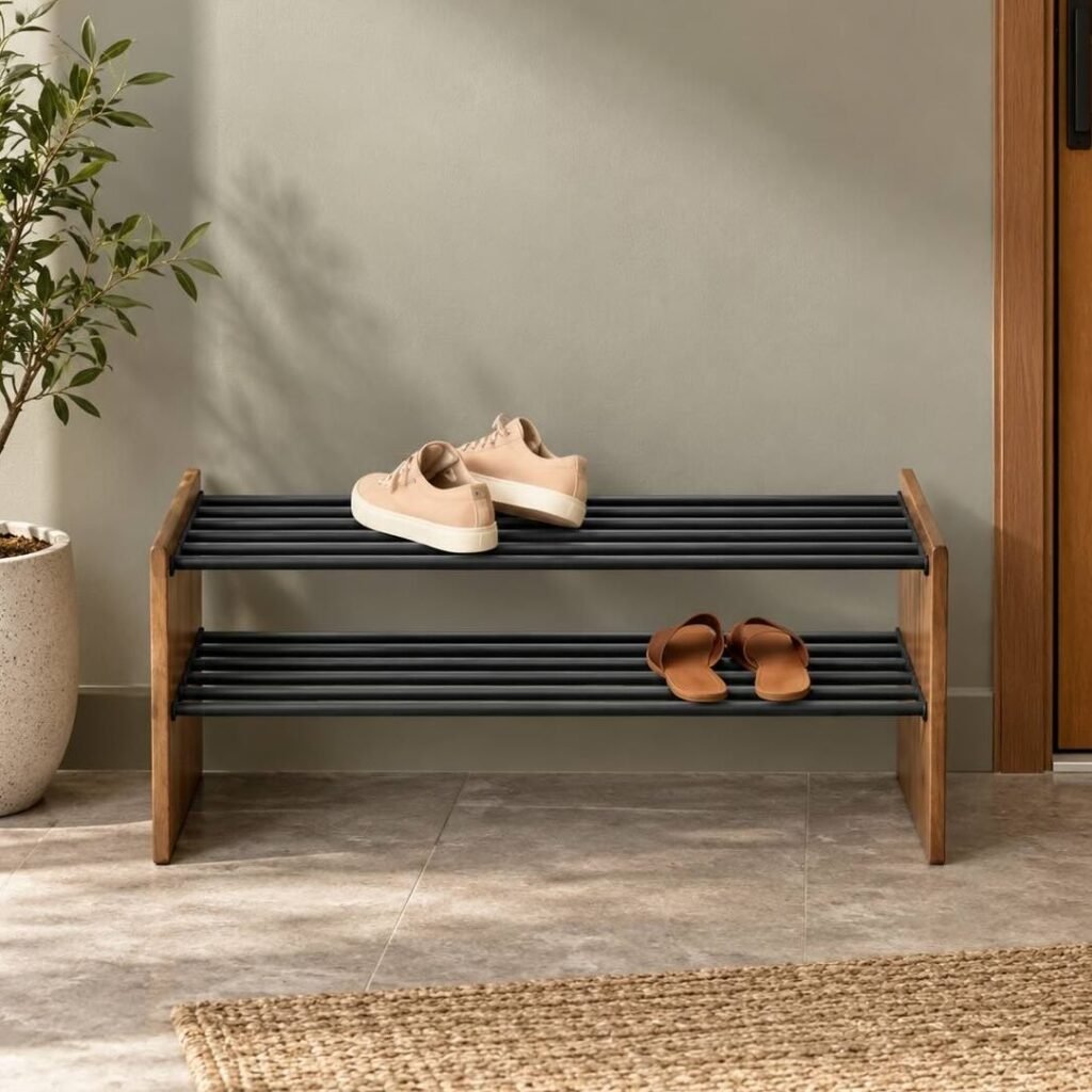 Solid Wood Shoe Rack with two black metal slatted shelves and natural wooden side panels.