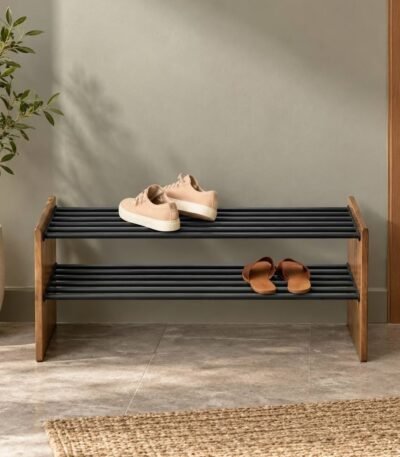 Solid Wood Shoe Rack with two black metal slatted shelves and natural wooden side panels.