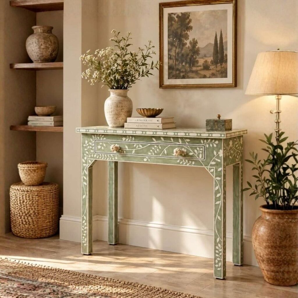 Acrylic Inlay Console Table with botanical vine design in sage green finish.