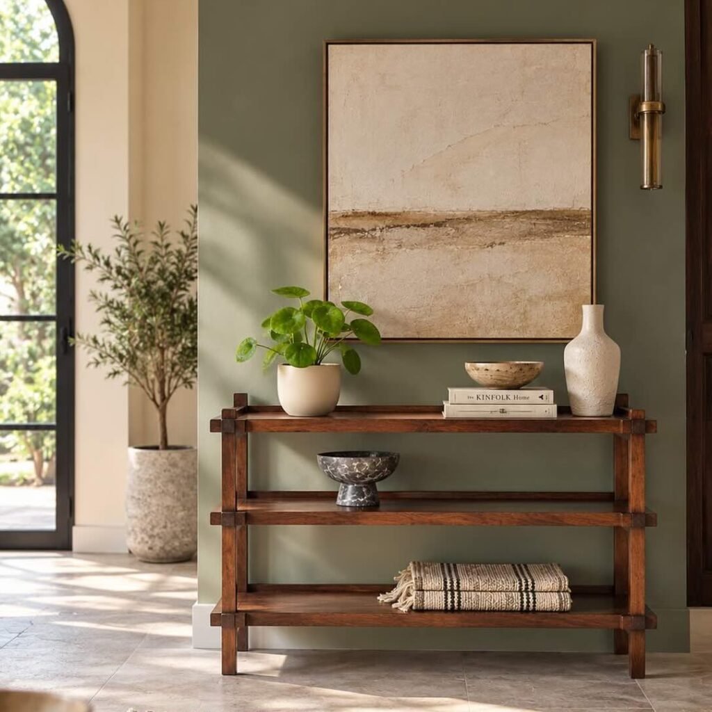 Mango Wood Console Table with three open shelves, exposed wooden joinery and natural brown finish.
