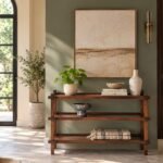 Mango Wood Console Table with three open shelves, exposed wooden joinery and natural brown finish.