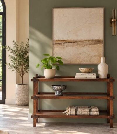 Mango Wood Console Table with three open shelves, exposed wooden joinery and natural brown finish.