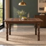 Solid Wood Square Dining Table in rustic brown finish with spacious square wooden tabletop and four traditional turned legs.