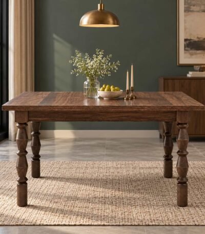 Solid Wood Square Dining Table in rustic brown finish with spacious square wooden tabletop and four traditional turned legs.