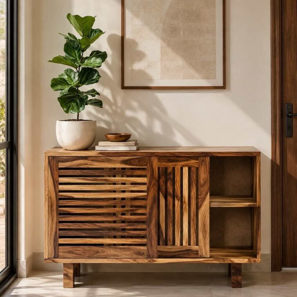 Sheesham Wood Shoe Cabinet with sliding slatted wooden doors, open side shelves and two-tone natural brown finish.
