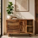 Sheesham Wood Shoe Cabinet with sliding slatted wooden doors, open side shelves and two-tone natural brown finish.