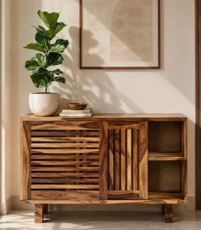 Sheesham Wood Shoe Cabinet with sliding slatted wooden doors, open side shelves and two-tone natural brown finish.