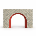 Scarletva | Handcrafted Wooden Inlay Console Table with Chevron Pattern & Bold Red Arch in Ivory and Sage Green Finish – Wooden Slice - Image 3