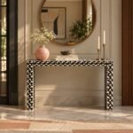 Bone Inlay Console Table with black and cream 3D geometric mosaic pattern, rectangular tabletop and tapered legs