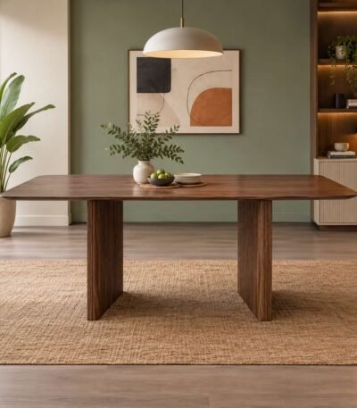 Thalvyn 6 seater solid wood rectangular dining table with rounded corners and fluted panel legs in natural brown finish