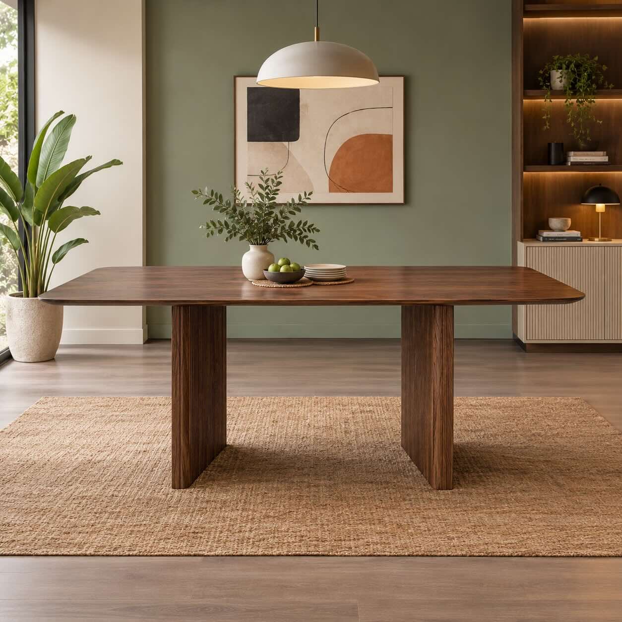Thalvyn 6 Seater Solid Wood Dining Table with Fluted Panel Legs Thalvyn 6 seater solid wood rectangular dining table with rounded corners and fluted panel legs in natural brown finish