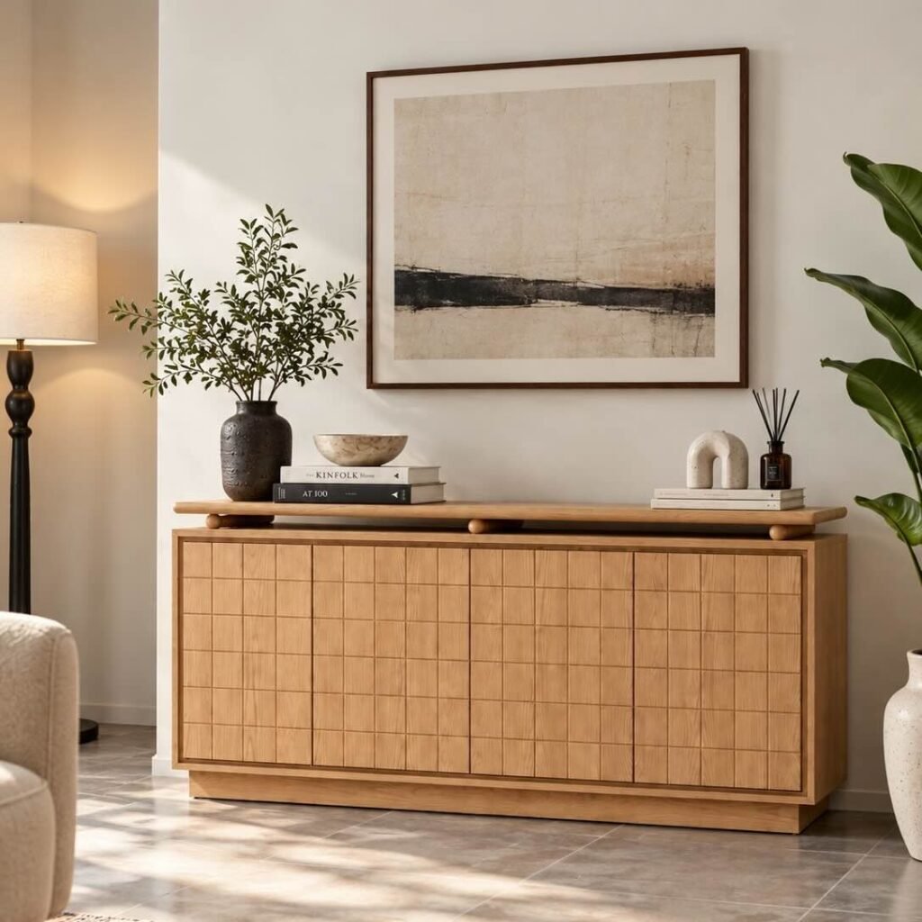 Solid Wood Console Table with geometric grooved front and raised top in natural finish.