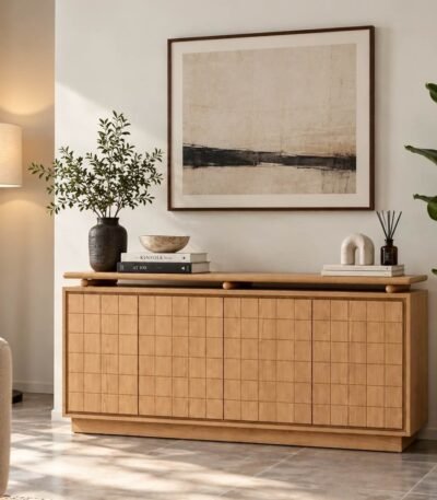 Solid Wood Console Table with geometric grooved front and raised top in natural finish.