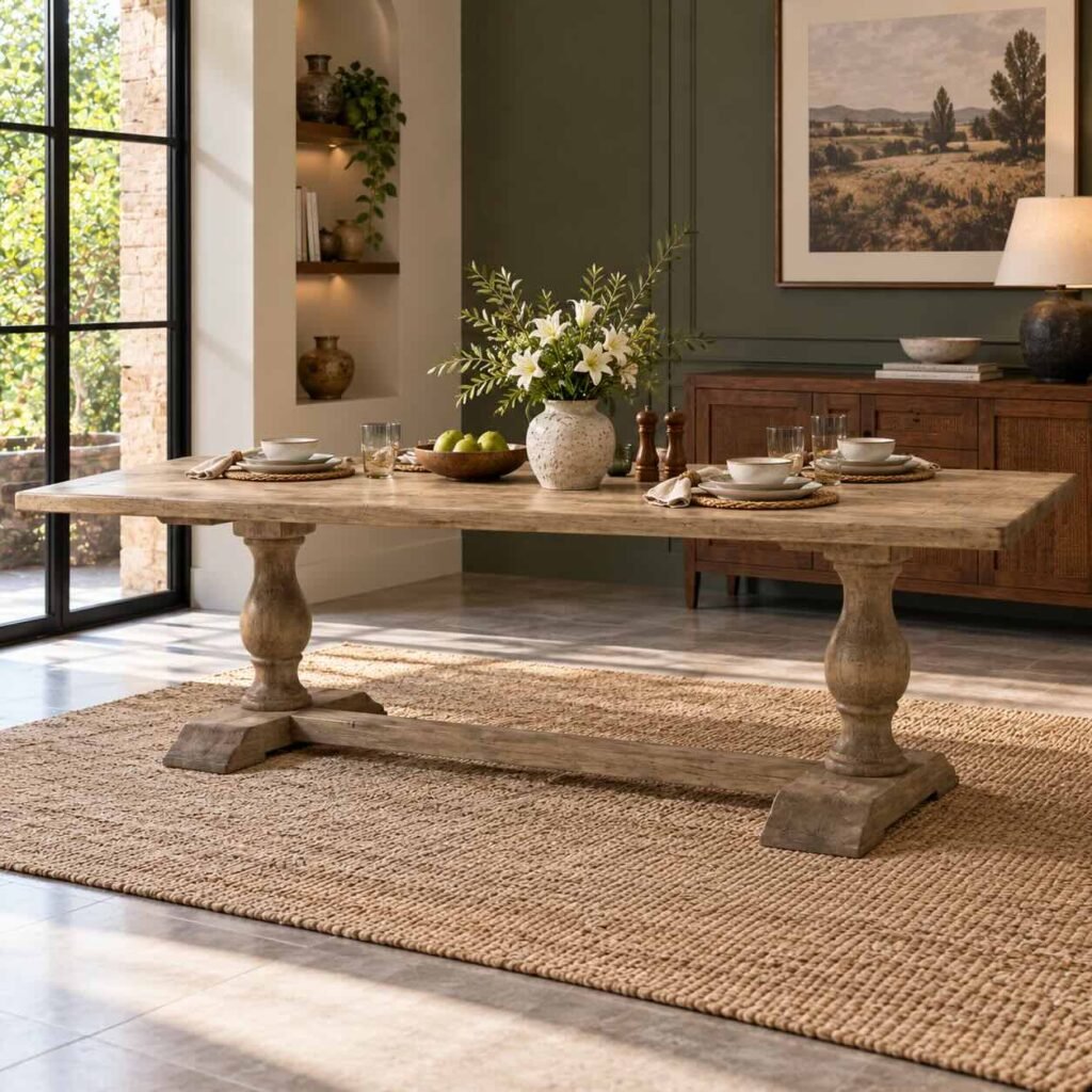 Trestlewick Distressed Mango Wood Dining Table with rectangular tabletop, turned pedestal legs and white distressed finish.