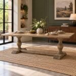 Trestlewick Distressed Mango Wood Dining Table with rectangular tabletop, turned pedestal legs and white distressed finish.