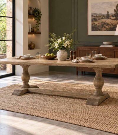 Trestlewick Distressed Mango Wood Dining Table with rectangular tabletop, turned pedestal legs and white distressed finish.