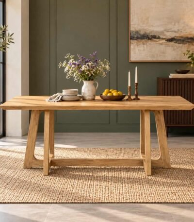 Treston natural wood trestle dining table for six people with rectangular tabletop, A-frame wooden legs and horizontal stretcher.