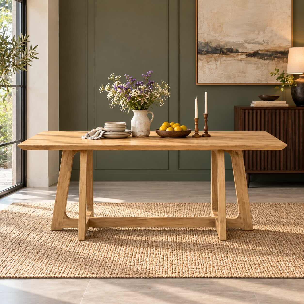 Treston Solid Wood 6 Seater Dining Table with A-Frame Trestle Base Treston natural wood trestle dining table for six people with rectangular tabletop, A-frame wooden legs and horizontal stretcher.