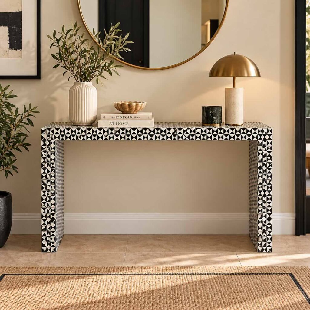 Bone Inlay Console Table with black and ivory geometric triangle pattern, rectangular tabletop and waterfall-style panel legs.