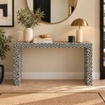 Bone Inlay Console Table with black and ivory geometric triangle pattern, rectangular tabletop and waterfall-style panel legs.