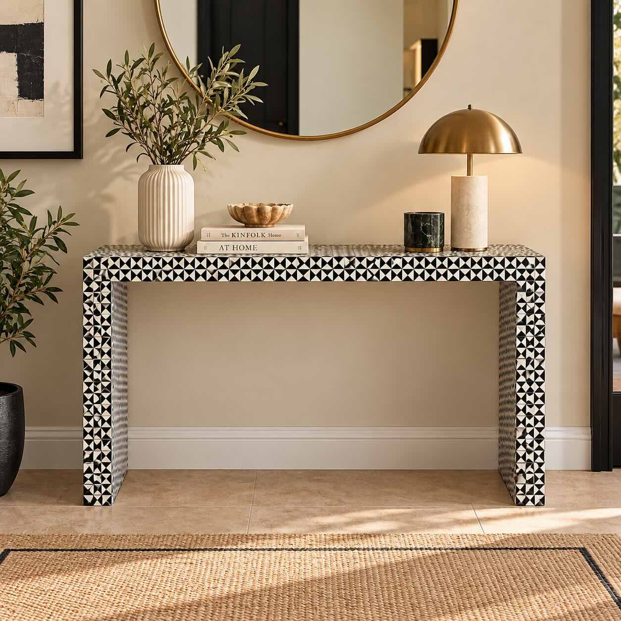 Triaxelle Bone Inlay Console Table with Black and Ivory Geometric Triangle Pattern Bone Inlay Console Table with black and ivory geometric triangle pattern, rectangular tabletop and waterfall-style panel legs.