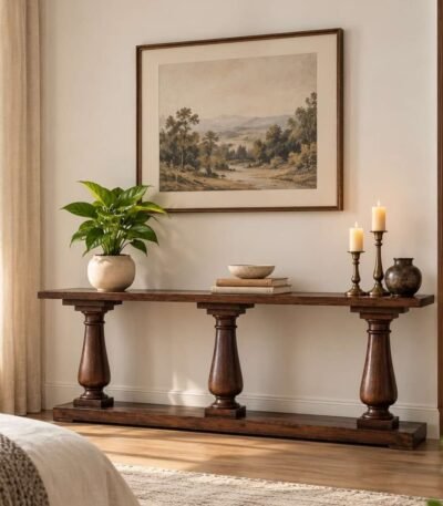 Sheesham Wood Console Table with three turned pedestal legs, long rectangular tabletop and rich walnut brown finish.