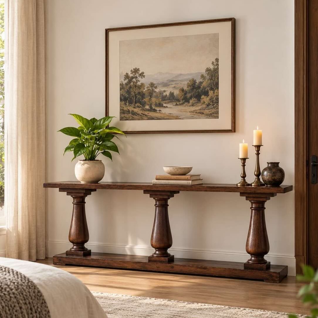 Trivaksha Sheesham Wood Console Table with Three Turned Pedestal Legs in Walnut Finish Sheesham Wood Console Table with three turned pedestal legs, long rectangular tabletop and rich walnut brown finish.