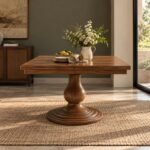 Turnwell brown wooden pedestal dining table with square solid wood top, turned central column and stepped circular base.