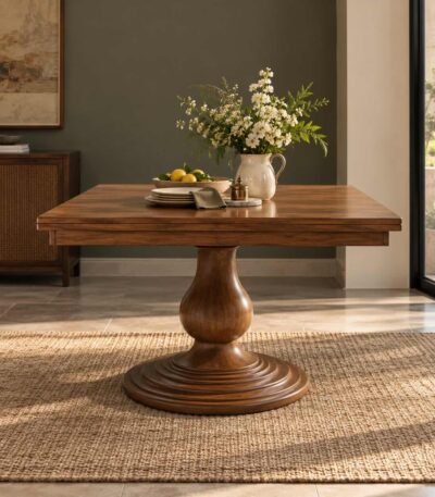 Turnwell brown wooden pedestal dining table with square solid wood top, turned central column and stepped circular base.