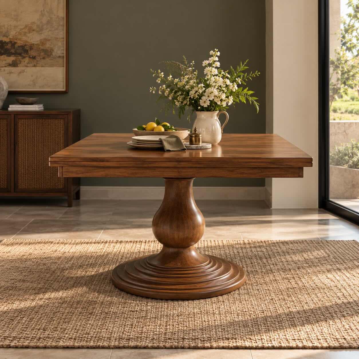 Turnwell Brown Wooden Pedestal Dining Table with Sculptural Turned Base Turnwell brown wooden pedestal dining table with square solid wood top, turned central column and stepped circular base.