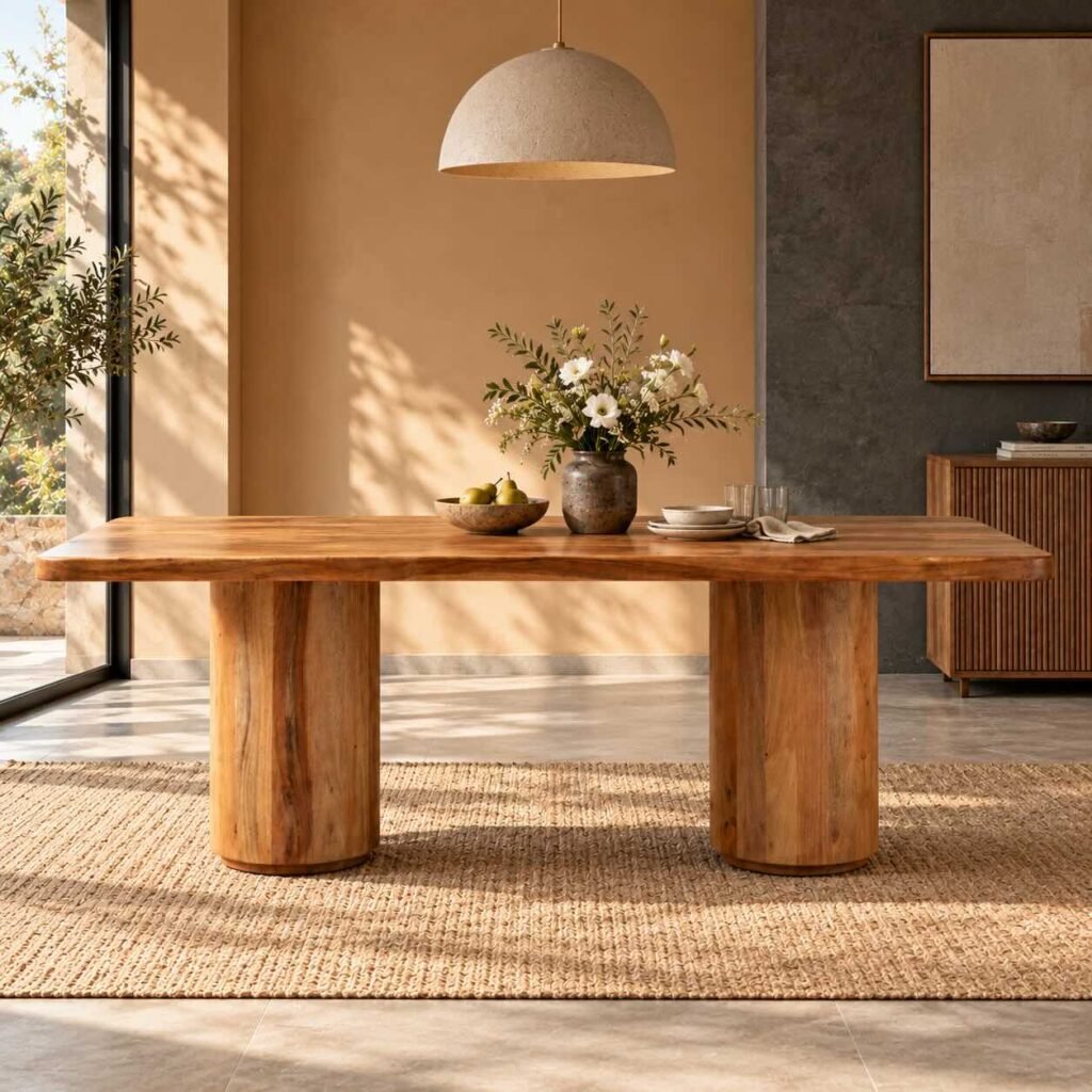 Twinwood solid wood rectangular dining table with natural finish, 218 cm tabletop and dual cylindrical wooden pedestal base.