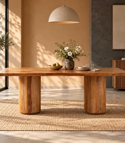 Twinwood solid wood rectangular dining table with natural finish, 218 cm tabletop and dual cylindrical wooden pedestal base.