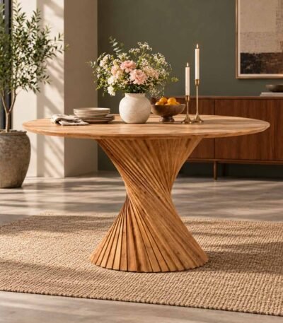 Twistwood acacia wood twisted pedestal dining table with natural round tabletop and sculptural hourglass base made from diagonal wooden slats.