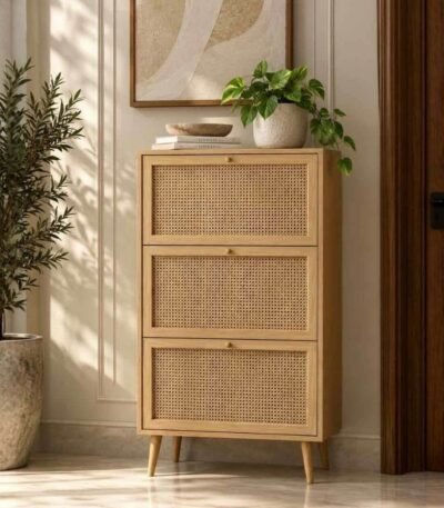 Aurelia Rattan Shoe Cabinet with solid wood frame, woven rattan detailing and three-tier shoe storage.