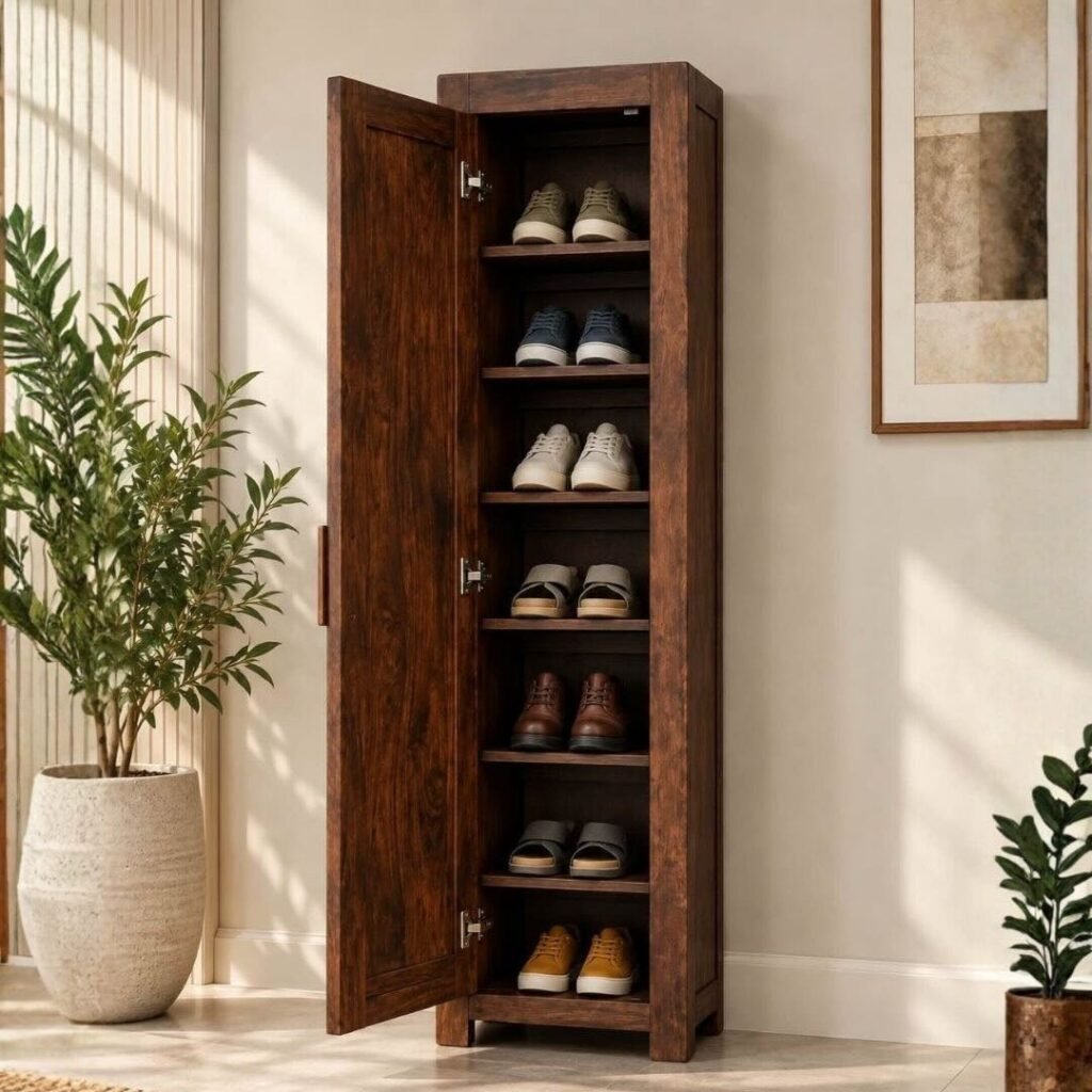Sheesham Wood Shoe Cabinet with 1 door and 8 shelves in walnut finish.