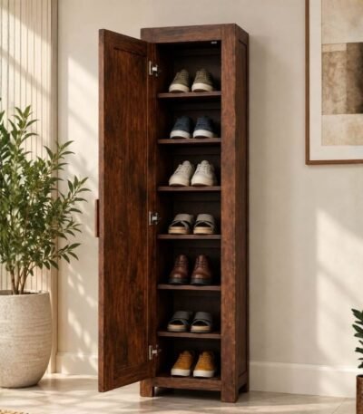 Sheesham Wood Shoe Cabinet with 1 door and 8 shelves in walnut finish.