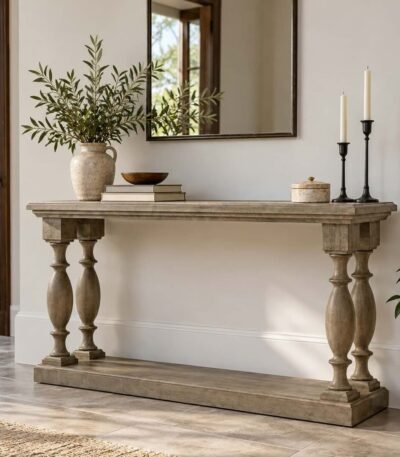 Sheesham Wood Console Table with turned pillar legs in Rustic Brown finish.