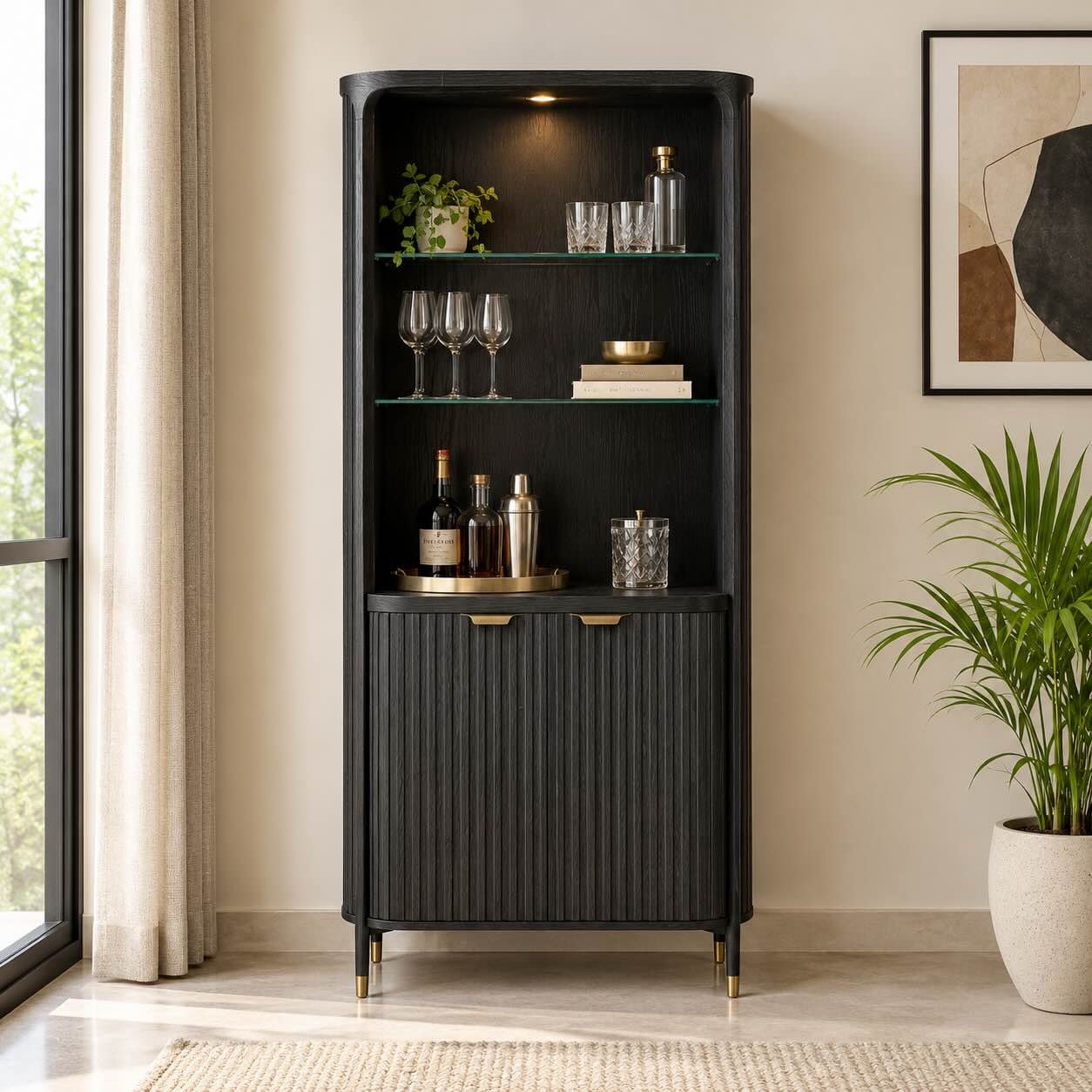 Varkhane Matte Black Solid Wood Bar Cabinet Varkhane solid wood bar cabinet in matte black finish with fluted doors, glass shelves, and gold-tone accents