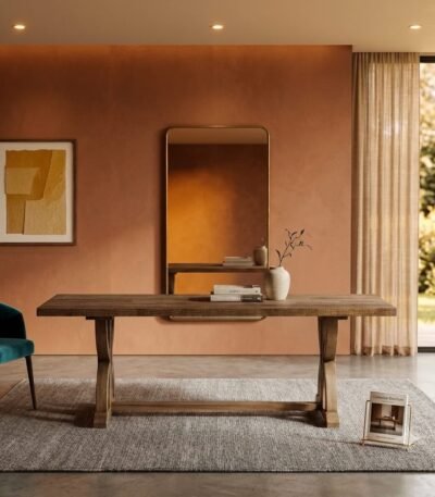 solid wood dining table with arch trestle base in natural finish