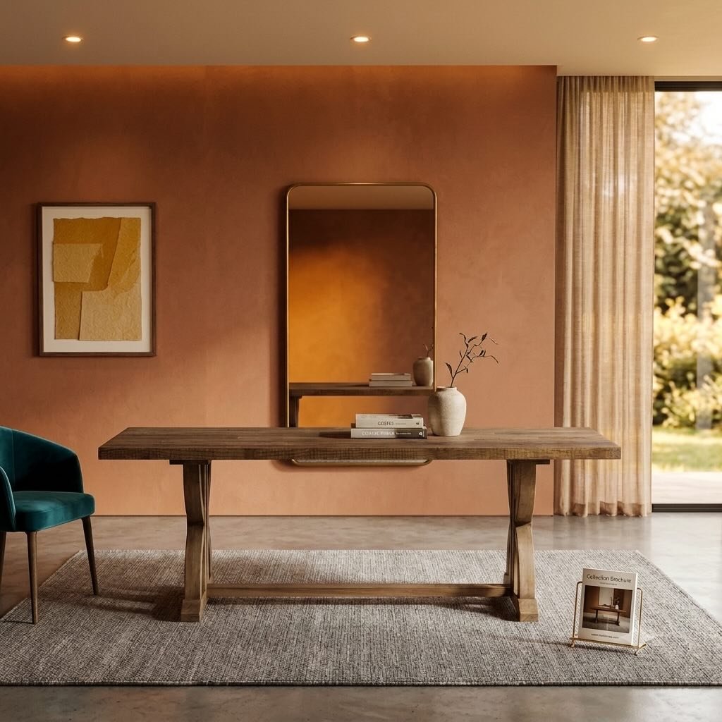 Vespera Solid Wood Dining Table Natural Finish solid wood dining table with arch trestle base in natural finish