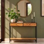 Sheesham Wood Console Table with two natural wooden drawers, black iron frame and open lower storage shelf.