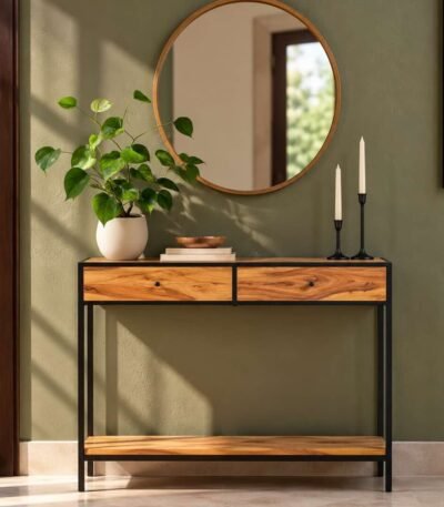 Sheesham Wood Console Table with two natural wooden drawers, black iron frame and open lower storage shelf.