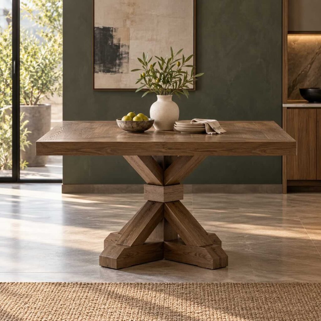 Solid Wood Square Dining Table in natural brown finish with thick tabletop and sculptural X-shaped wooden pedestal base.