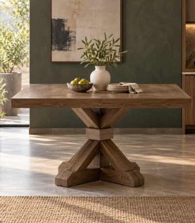 Solid Wood Square Dining Table in natural brown finish with thick tabletop and sculptural X-shaped wooden pedestal base.