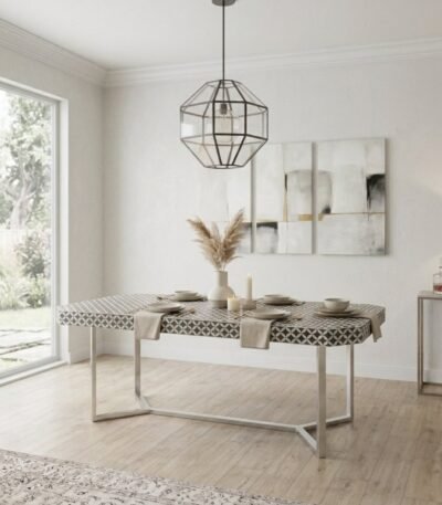 Veylora black and white bone inlay six seater dining table with geometric pattern